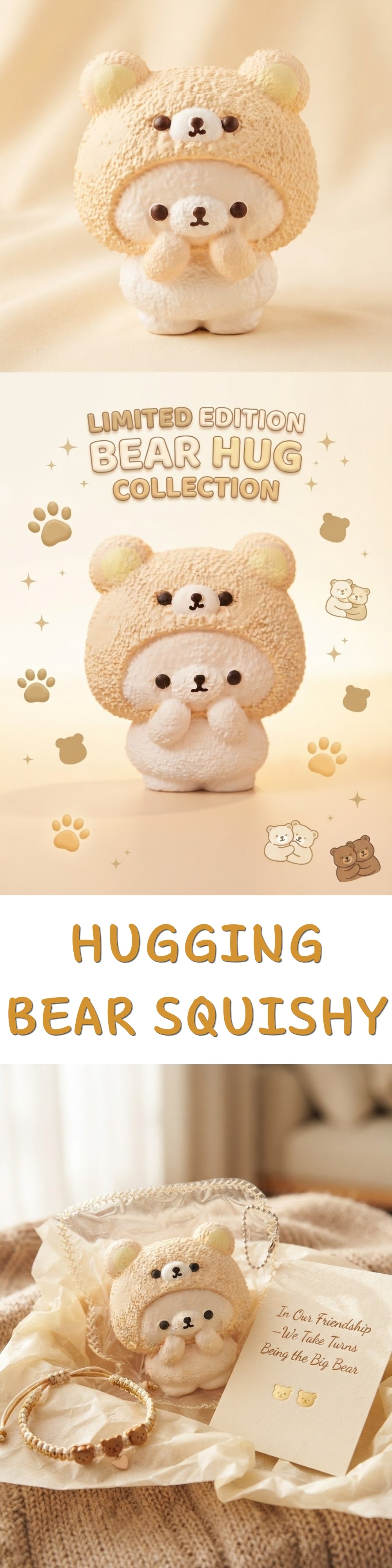 A plush bear-shaped hugging bear hug toy shown in a collage with text reading 'Limited Edition Bear Hug Collection' and 'Hugging Bear Squishy.' The product appears as a soft cream/beige stuffed bear hug with a small bear face and tiny black eyes, presented on a warm beige background with decorative paw-print graphics and a fabric surface in the lower panel.