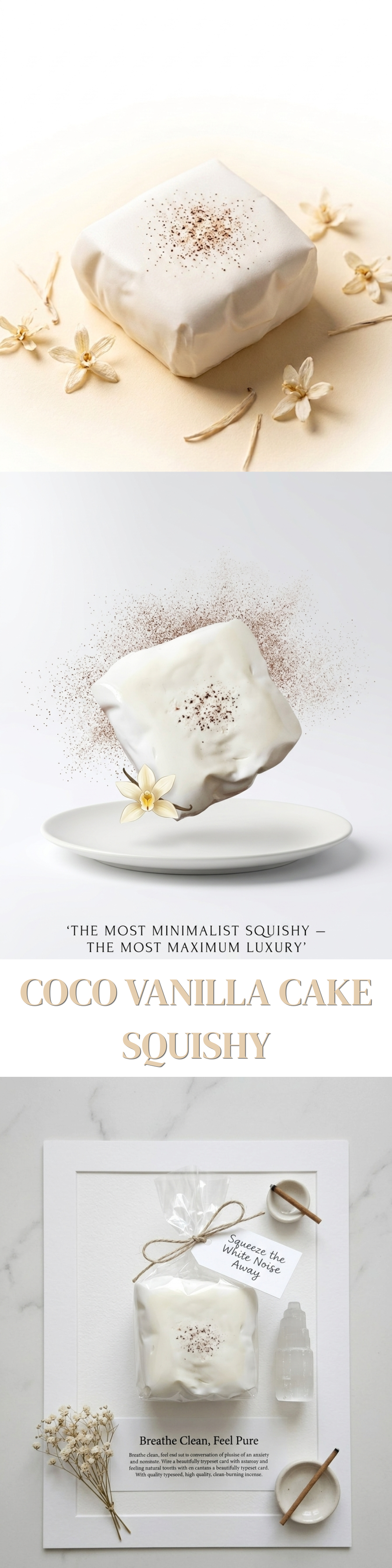 Three stacked product photos showing a square wrapped cake or pastry in different styled settings: a cream-colored square wrapped in paper with a sprinkle on top, a floating view of the same wrapped square on a white plate with decorative flowers, and a packaged cake with a tag and small bottle on a marble surface.