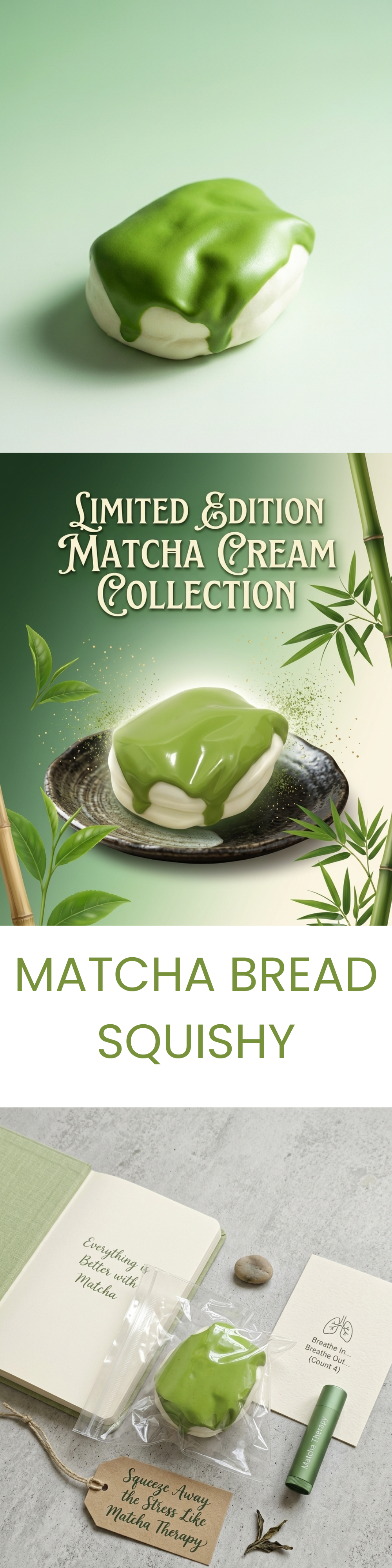 A matcha green and cream-colored squishy toy bread is shown in a promotional collage with text reading 'Matcha Cream Collection' and 'Matcha Bread Squishy.' The collage includes a clean product shot, a styled plate scene, and a flat-lay with a notebook, tag, and small accessory on a light gray surface.