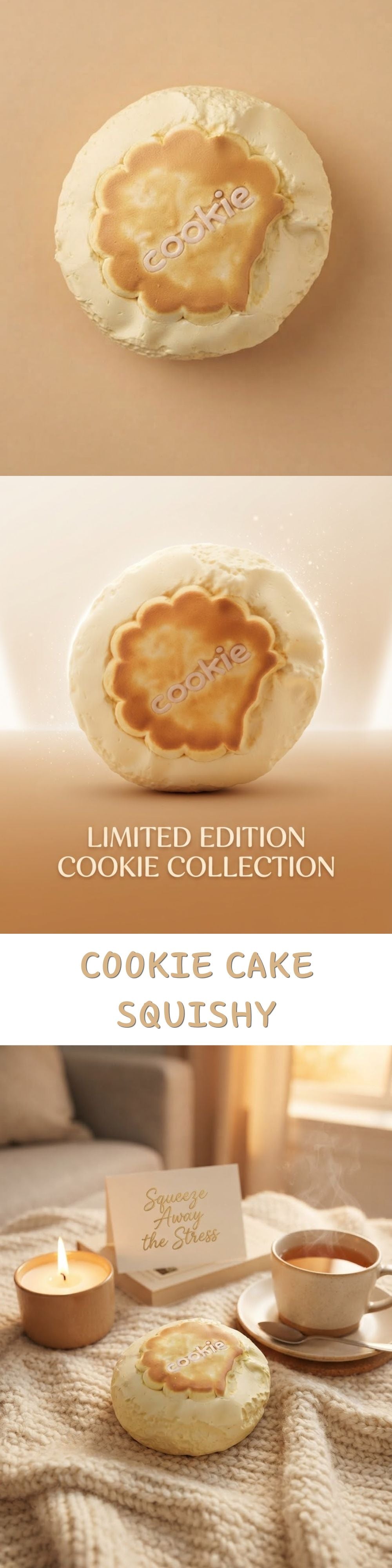 A vertically stacked promotional image showing a round, soft, squishy cookie cake with a golden-brown center and white outer edge. The top half is a clean product shot on a beige background with the text 'LIMITED EDITION COOKIE COLLECTION' and 'COOKIE CAKE SQUISHY'.