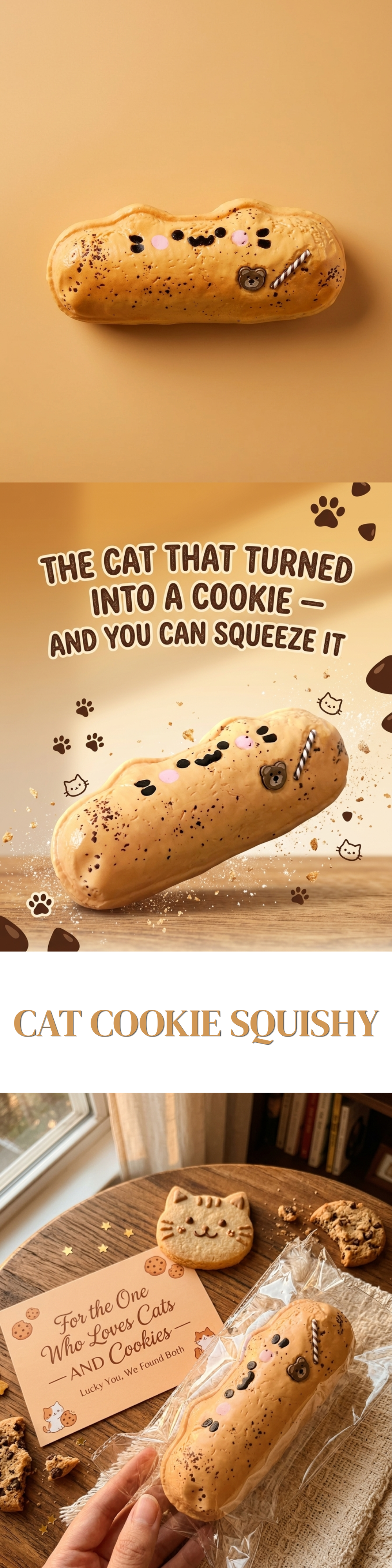 A novelty cat-shaped cookie shown in a three-panel collage. The top panel shows the cookie on a warm tan background with a small cat face printed on it.