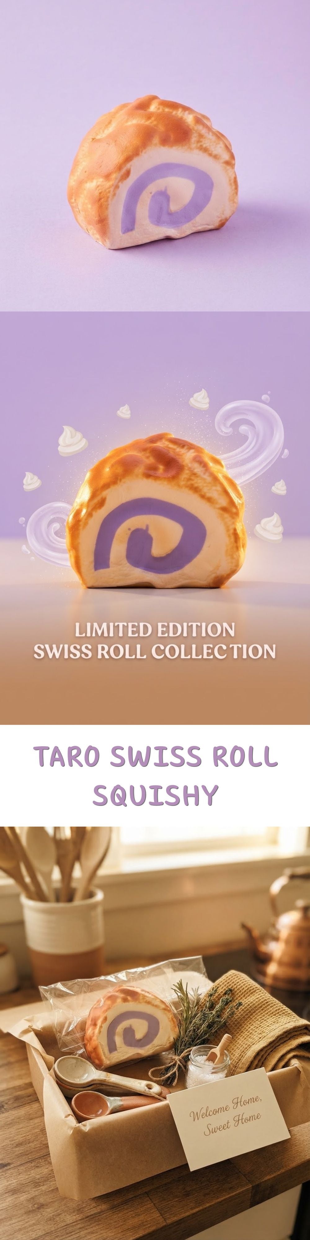 A vertical collage showing a sliced taro swiss roll pastry on a purple background, with one top view and one bottom view in a styled setting. The bottom section includes a box of assorted sweets and a card reading 'TARO SWISS ROLL SQUISHY'.
