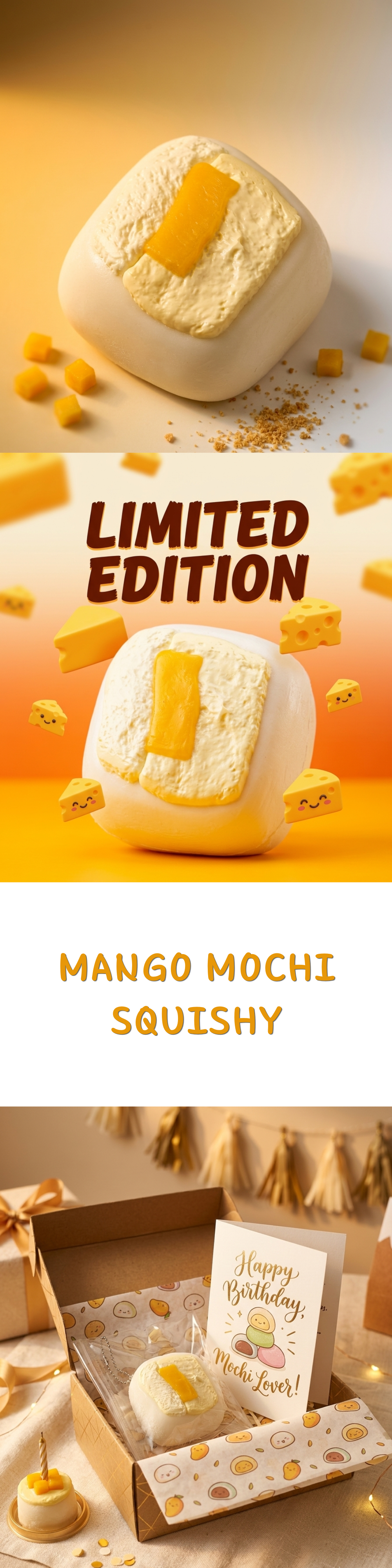 A promotional collage for mango mochi squishy treats. The top and middle panels show close-up product shots of a soft, pale yellow mochi cube with a bright yellow mango slice, with scattered mango pieces around it and the text 'LIMITED EDITION' and 'MANGO MOCHI SQUISHY'.