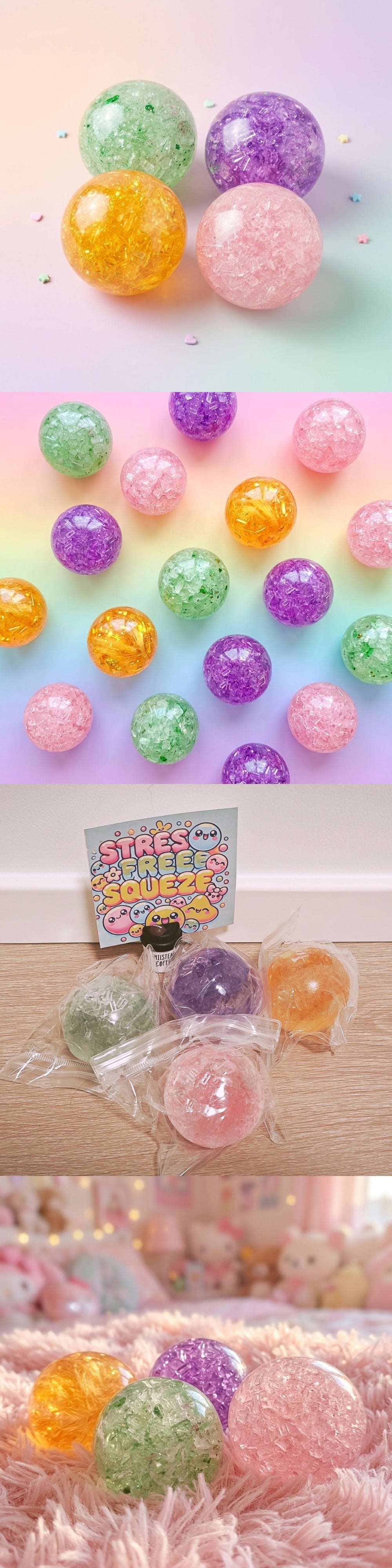 A collage showing pastel glittery spherical ornaments or bath bombs in multiple colors, including pink, purple, green, orange, and yellow, displayed against a soft rainbow background, hanging on a wall, and resting on a bed with fluffy pink bedding.