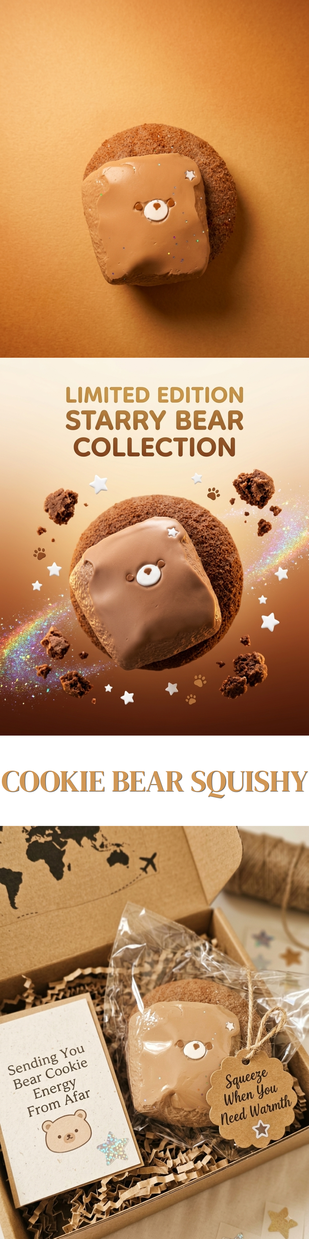 A promotional collage for a limited edition cookie bear squishy. The top and middle panels show a chocolate-brown bear-shaped cookie with a cute white face on a warm brown background, with text reading 'LIMITED EDITION STARRY BEAR COLLECTION' and 'COOKIE BEAR SQUISHY'.