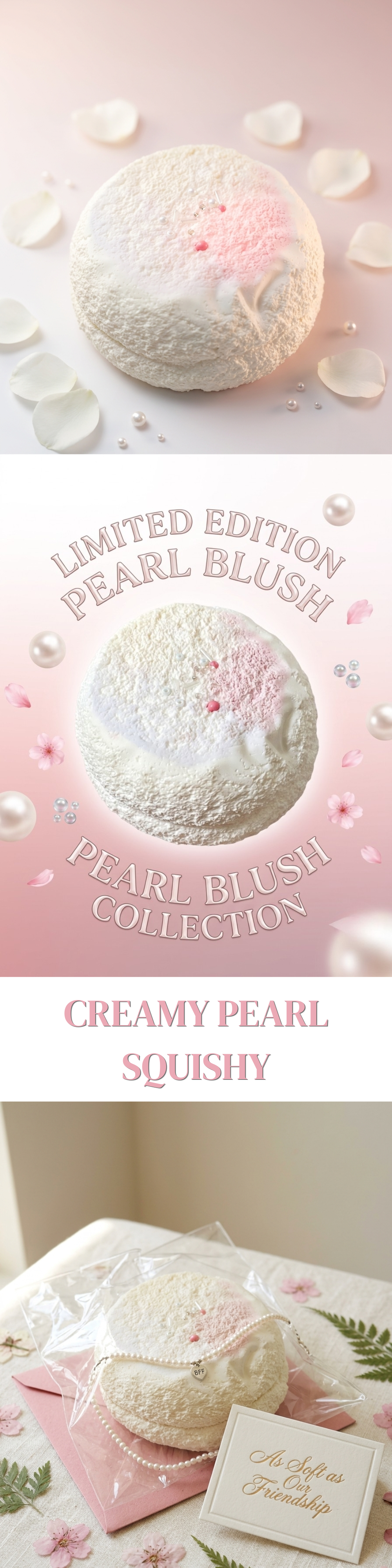 A vertically stacked promotional image showing a round, puffy bath bomb or soap product labeled 'Limited Edition Pearl Blush' and 'Creamy Pearl Squishy.' The top two panels show the product alone on a pale pink background with decorative pearls and text.