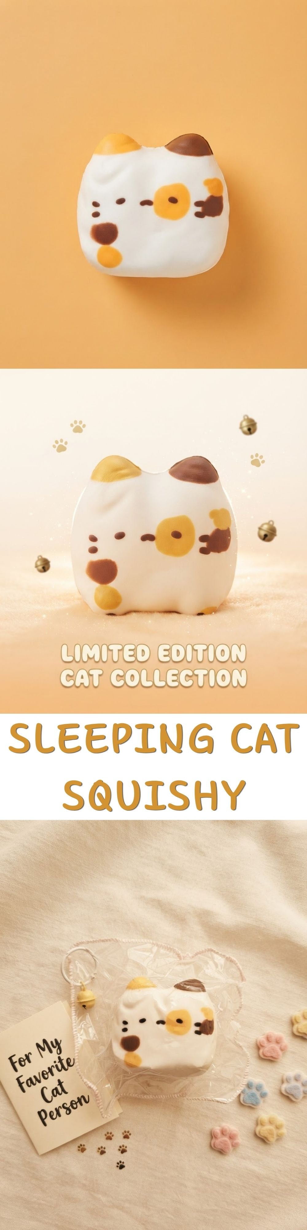 A plush cat-shaped squishy toy shown in three warm-toned product photos stacked vertically. The top photo shows the white cat face with yellow and brown ears and nose against a peach background.