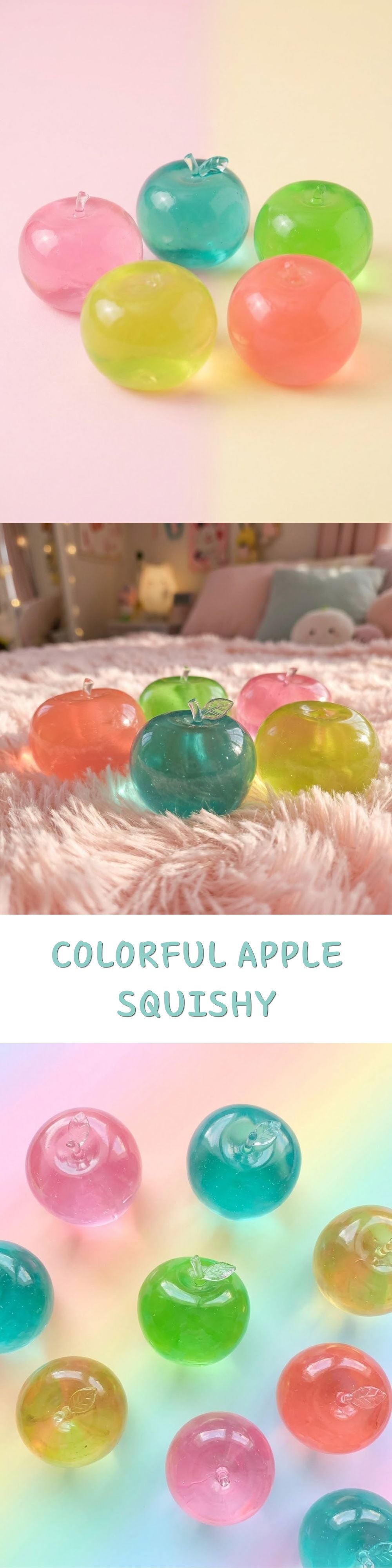 A collage of colorful apple-shaped squishy gel balls in pink, green, blue, and orange, shown on a soft pastel background with the text 'COLORABLE APPLE SQUISHY' in the center.