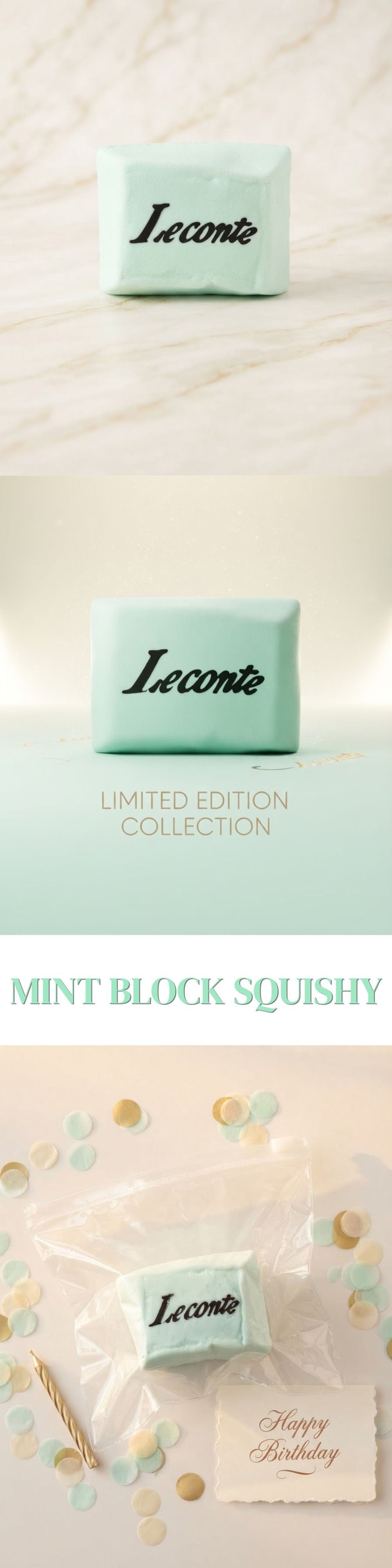 A mint green personalized squishy block with the name 'Leonta' printed in black script on top, shown in three stacked product photos with a 'Mint Block Squishy' title banner. The bottom photo shows the item wrapped in clear cellophane with a gold pen and a 'Happy Birthday' card.