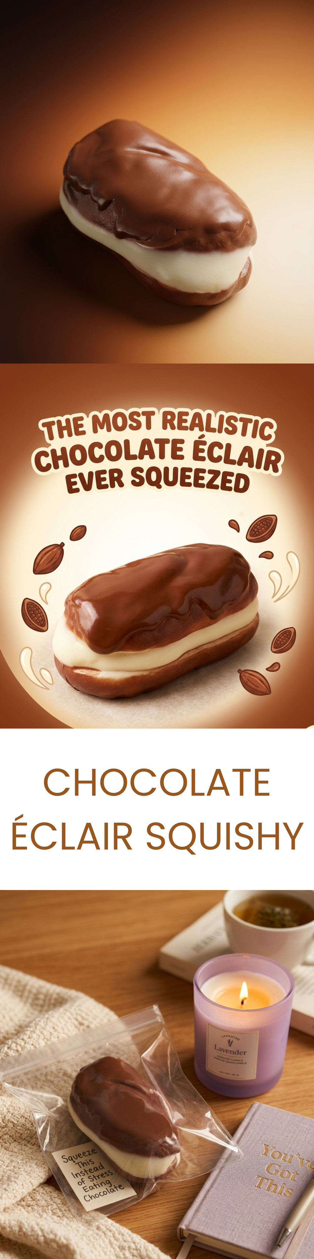 A vertical promotional graphic for a chocolate éclair squishy. The top half shows a glossy chocolate-covered pastry on a warm brown gradient background with the text 'THE MOST REALISTIC CHOCOLATE ÉCLAIR EVER SQUEEZED.