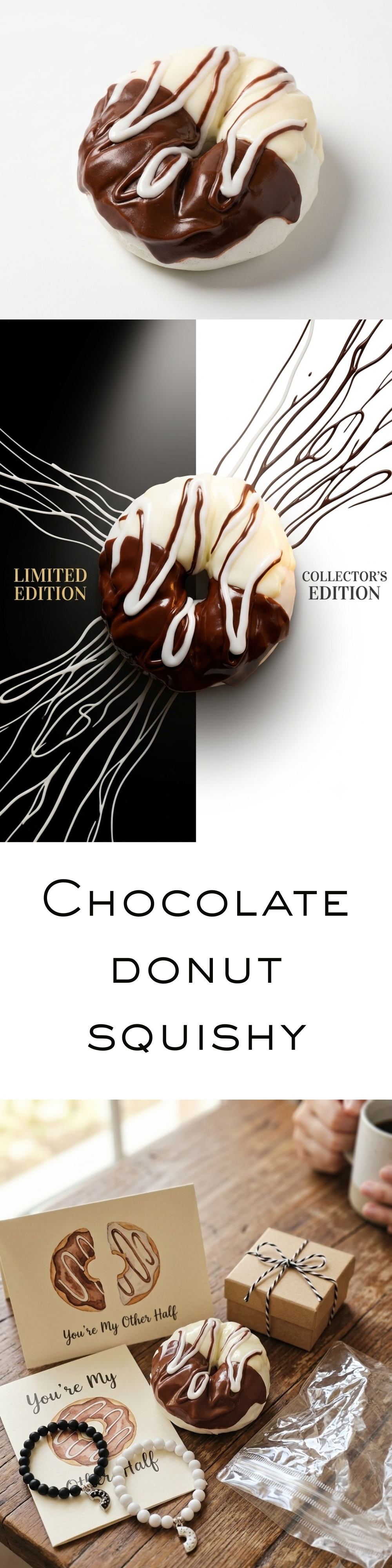 A collage showing chocolate donut squishies in multiple sizes and styles, including a large chocolate-covered donut with white drizzle, a black-and-white close-up, a smaller donut with drizzle, and packaged gift boxes with tags reading 'Chocolate donut squishy' and 'You & Me'.