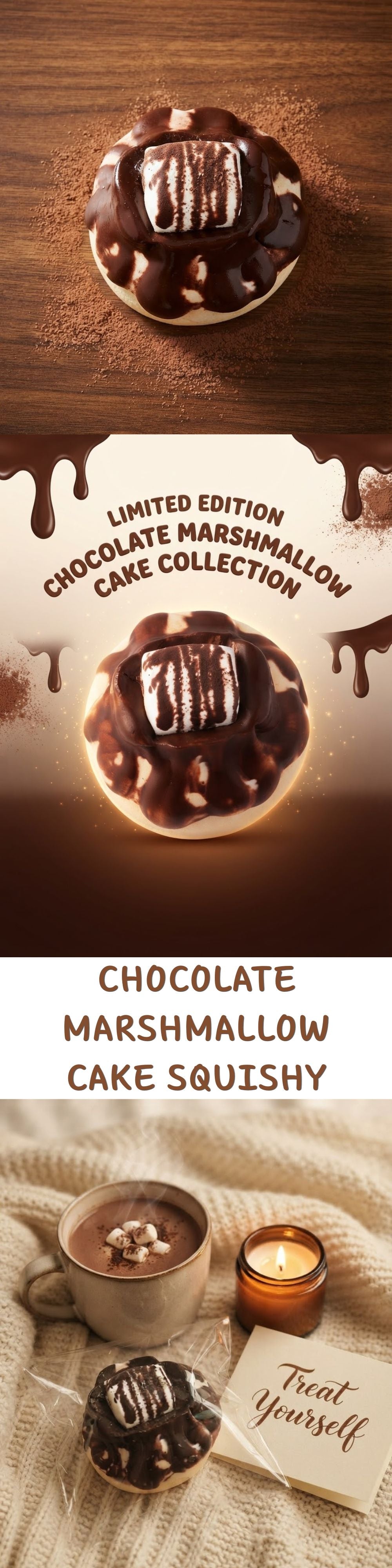 A vertical promotional collage for a chocolate marshmallow cake squishy. The top and bottom panels show the cake itself on a wooden surface and in a cozy styled setting with a mug, candle, blanket, and a small branded card reading 'Treat Yourself.