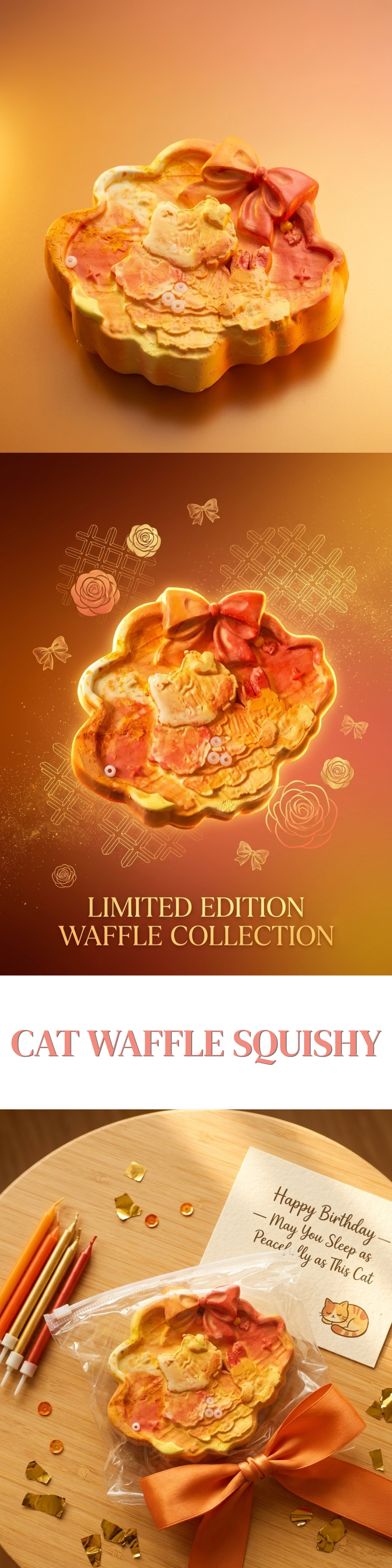 A collage showing a cat-shaped waffle with red frosting and a bow, presented on a warm orange background with text reading 'Limited Edition Waffle Collection' and 'Cat Waffle Squishy.' A smaller photo at the bottom shows the waffle wrapped in clear cellophane with an orange ribbon and a birthday card.