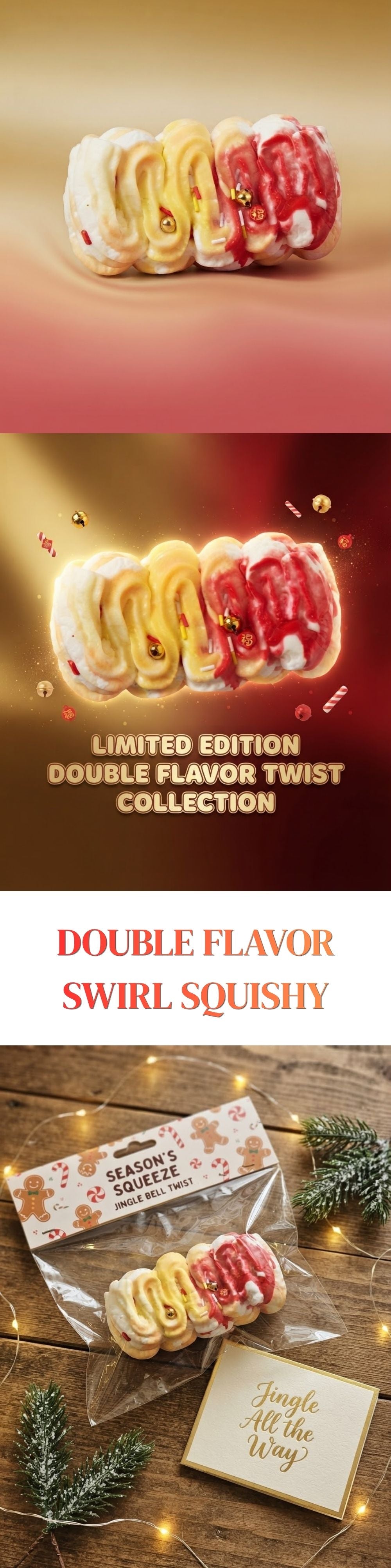 A promotional collage for a double flavor swirl squishy candy. The top section shows several colorful swirl-shaped candies on a warm gradient background with text reading 'Limited Edition Double Flavor Twist Collection.