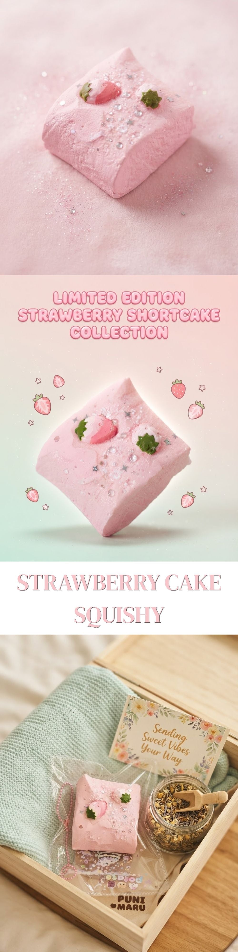 A pink strawberry cake-shaped squishy bath bomb is shown in a clean studio-style collage with text reading 'Strawberry Cake Squishy' and a lower inset showing the product wrapped in tissue paper with a small card and decorative item in a tray.