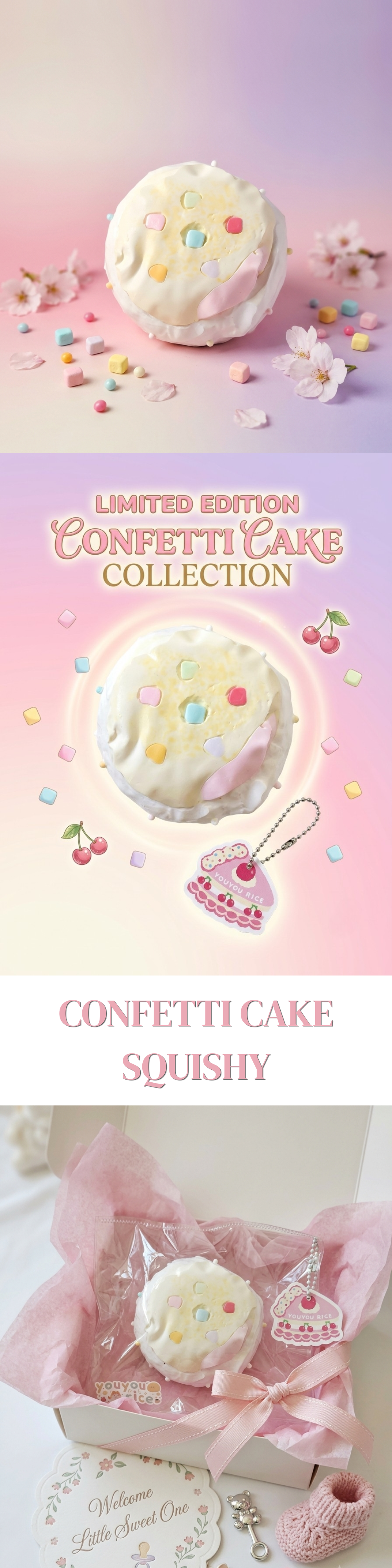 A vertically stacked promotional collage for a limited edition confetti cake squishy. The top two panels show a round white cake-like squishy with pastel pink, yellow, and blue sprinkles on a pink gradient background, with decorative confetti and cherry motifs.