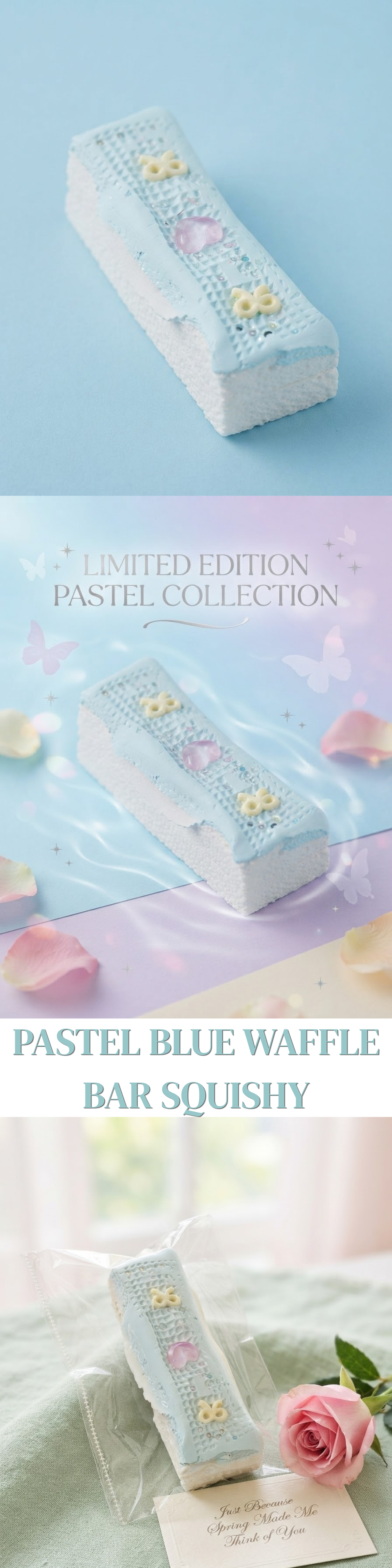 A pastel blue waffle-shaped squishy bar with embroidered floral details, shown in three stacked product photos with text reading 'PASTEL BLUE WAFFLE BAR SQUISHY' and 'LIMITED EDITION PASTEL COLLECTION'.