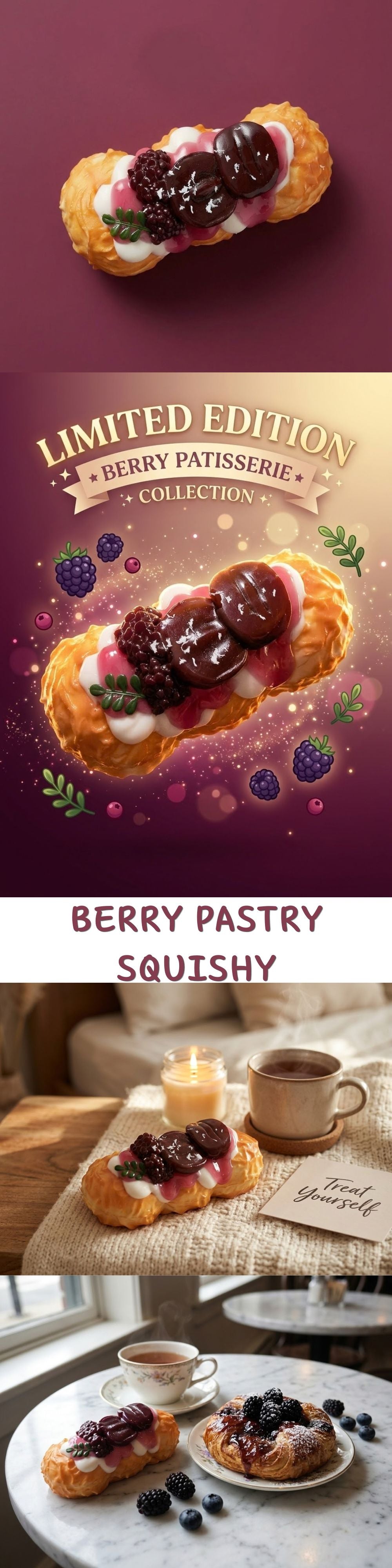 A promotional collage for berry pastries, featuring close-up shots of filled pastry on a dark burgundy background, a banner reading 'Limited Edition Berry Pastries Collection,' and a lower photo of pastries served on plates with cups and a candle in a cafe setting.