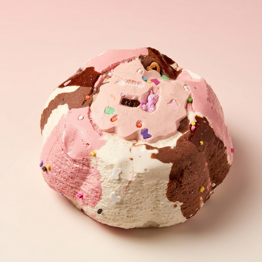 A single ice cream cone with swirls of pink, brown, and white, topped with colorful sprinkles, set against a soft pink background.