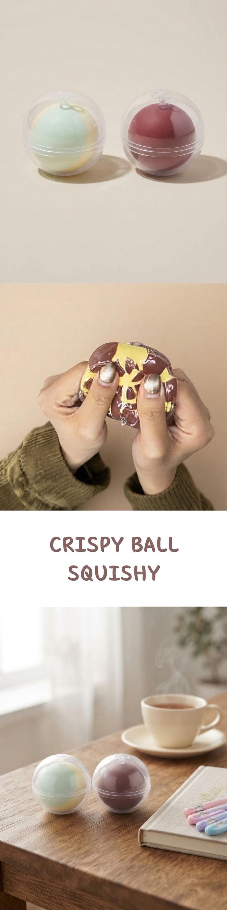 Three spherical squishy toys in pastel and muted colors, shown alone on a plain background, then being held by a person's hands, and finally resting on a wooden table beside a cup and notebook. Text in the center reads 'CRISPY BALL SQUISHY'.