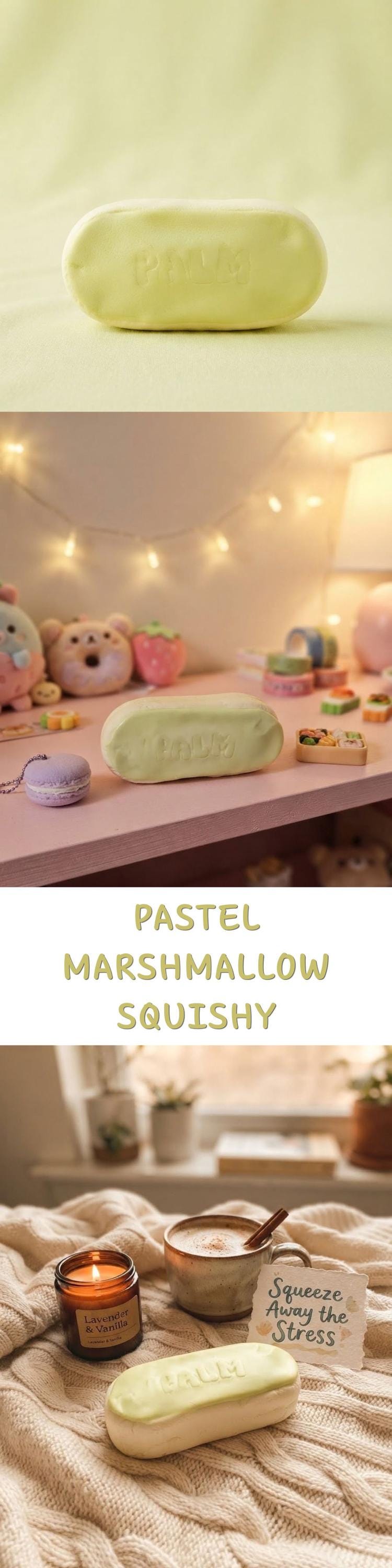 A pastel marshmallow squishy bar is shown in three stacked lifestyle-style photos: a close-up on a pale green background, on a pink shelf with string lights and plush toys, and on a beige knit blanket beside a candle and mug with a handwritten note reading 'Sometimes, Many Big Stresses.' Text in the center reads 'PASTEL MARSHMALLOW SQUISHY.