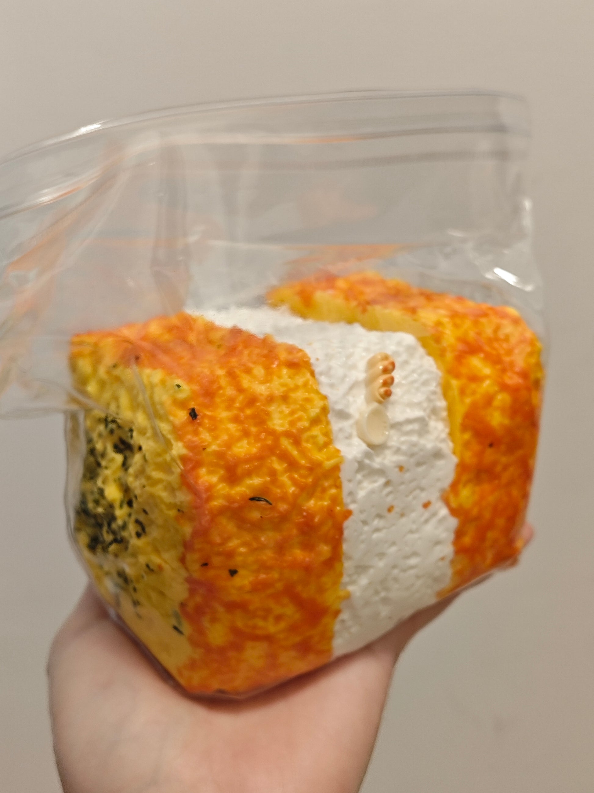 A hand holding a clear plastic bag containing a textured, block-like product with orange, yellow, and white sections and small dark speckles, against a plain light background.