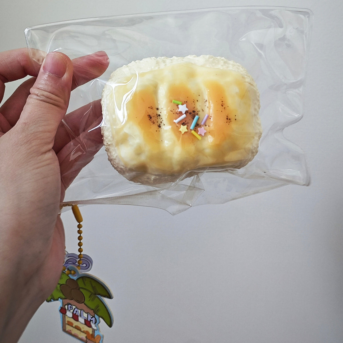 A hand holding a clear plastic bag containing a small, round, golden-brown baked good or pastry with a glossy glaze and tiny colorful sprinkles, against a plain light gray background.