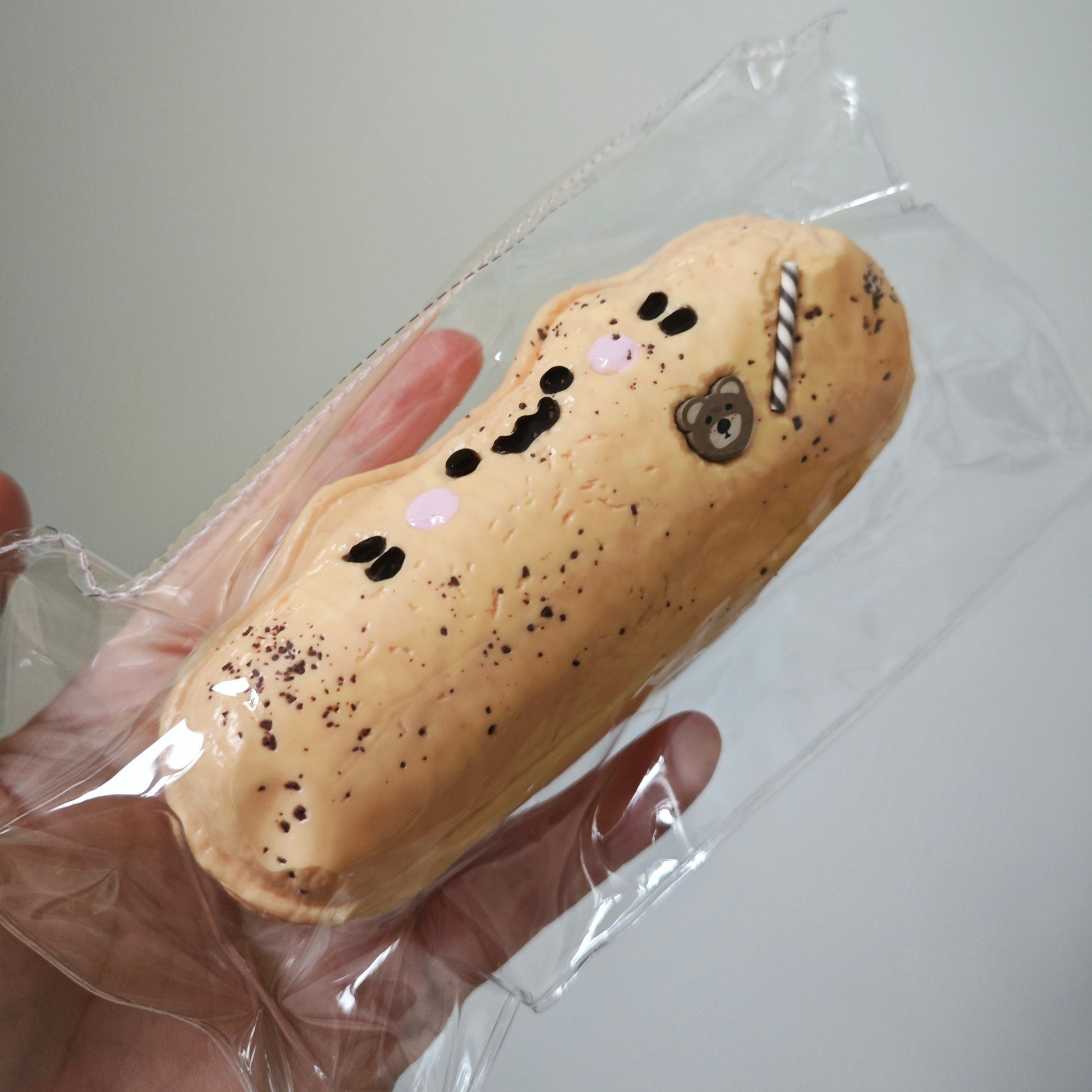 A hand holding a packaged baked good, likely a long pastry or bread roll, wrapped in clear plastic against a plain light background.