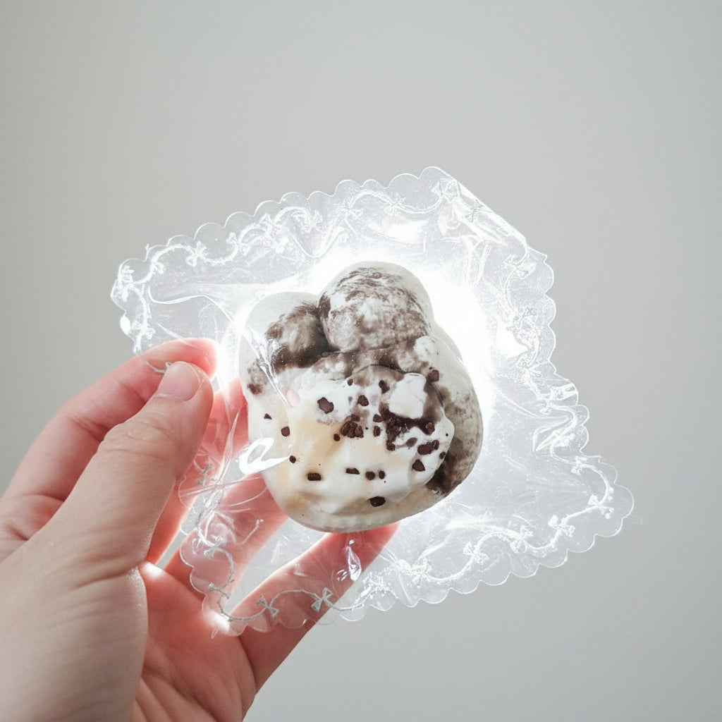 A hand holding a small, irregularly shaped white and dark brown spotted food item inside a clear plastic wrapper with a scalloped edge, set against a plain light gray background.