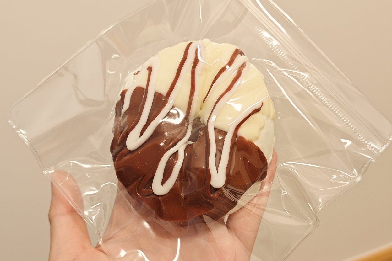 A hand holding a glazed donut inside a clear plastic bag against a plain light background.