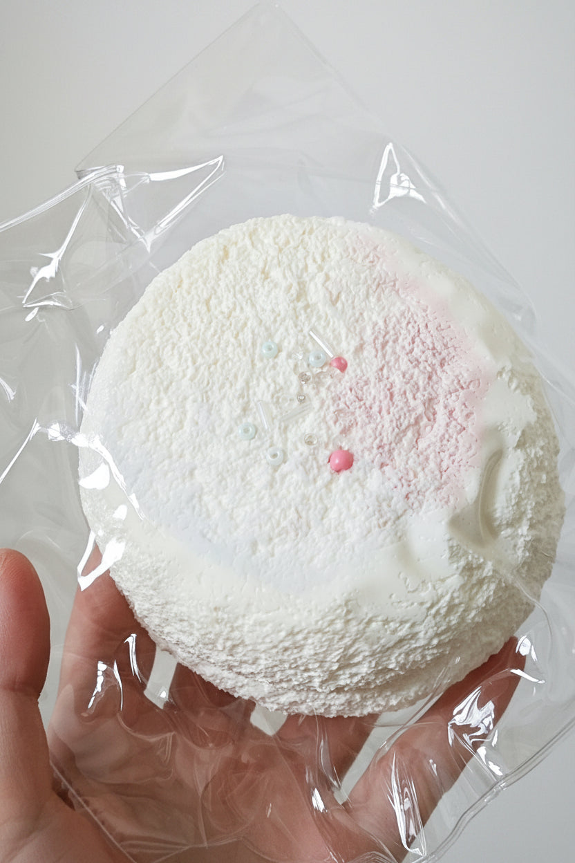 A round white textured item, possibly a decorative cake topper or foam disc, wrapped in clear plastic and held in a hand. The top has a pink textured area and two small pink dots.