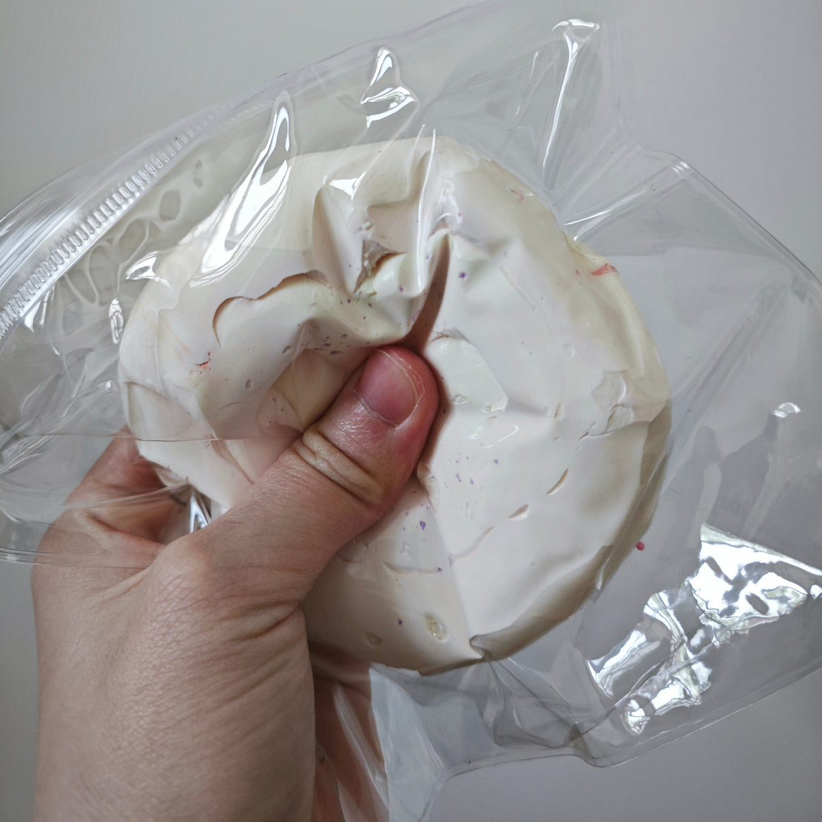 A hand holding a round, off-white baked item, likely a cheese pie or pastry, sealed in a clear plastic bag against a plain light background.