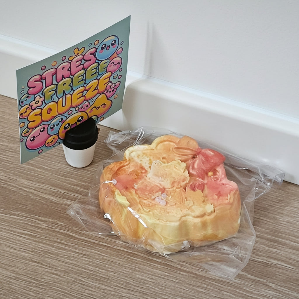 A heart-shaped foam squishy toy with a pastel gradient of pink, orange, and yellow, sealed in clear plastic packaging on a wooden floor next to a small black coffee cup and a colorful 'STRESS FREE SQUEEZIES' sign.