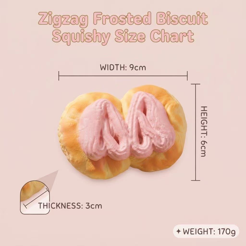 A size chart graphic for a zigzag frosted biscuit squishy, showing a cartoonish pink and yellow pastry in the center with dimension lines indicating width 9cm, height 6cm, and thickness 3cm, plus a weight label of 170g on a pale pink background.