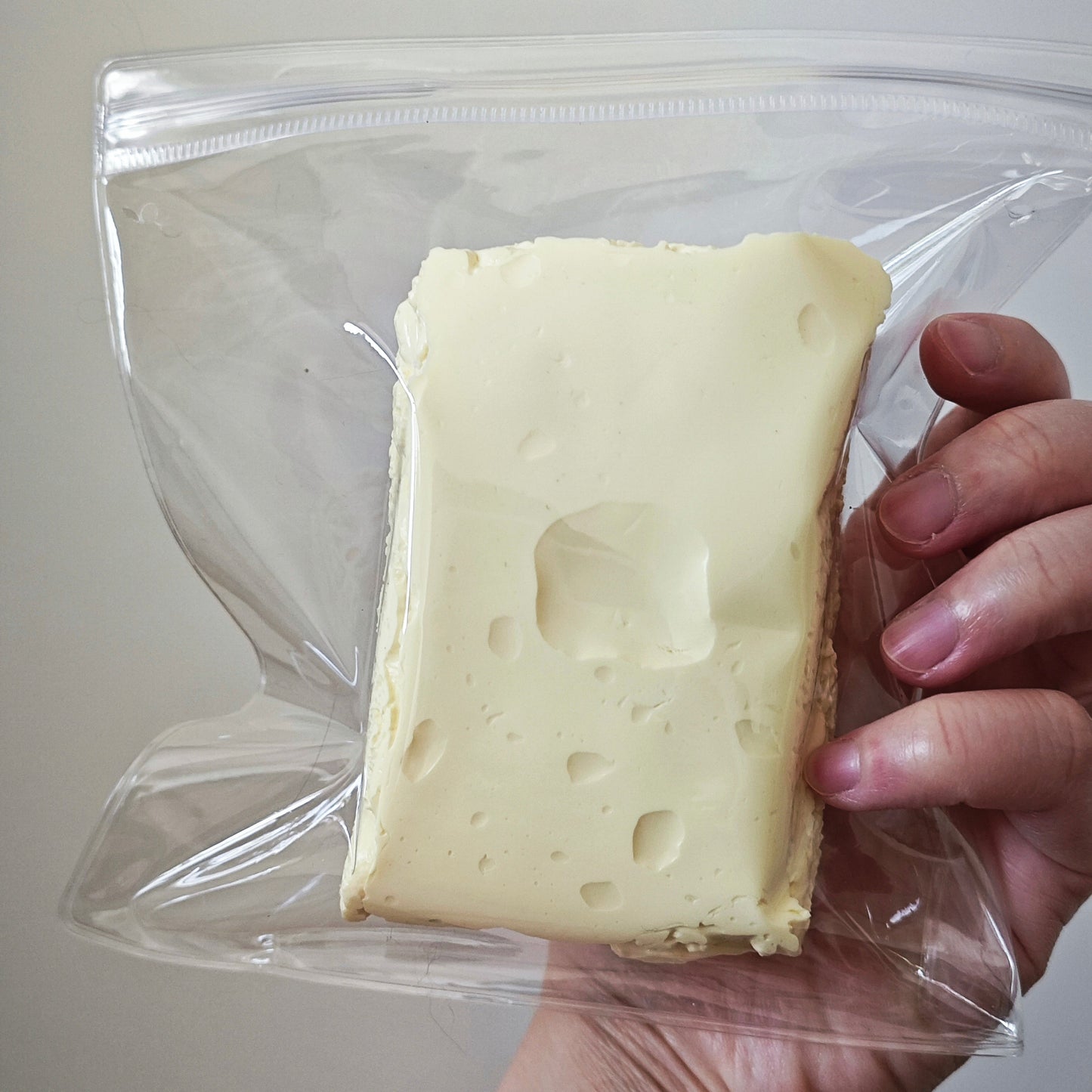 A hand holding a clear plastic zip-top bag containing a rectangular block of pale yellow cheese with holes, against a plain light background.