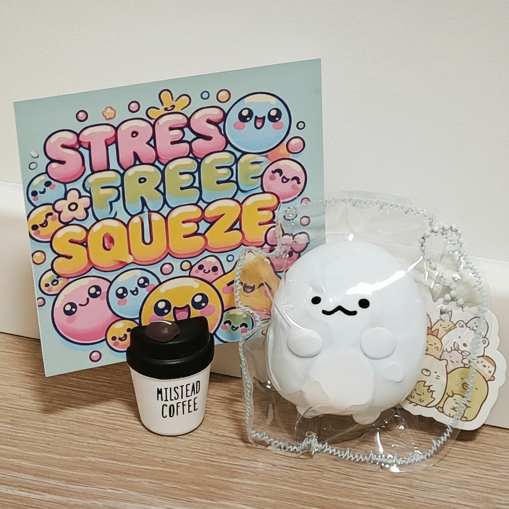 A white cloud-shaped squishy toy in clear plastic packaging with a printed tag, placed on a wooden surface next to a small black coffee cup labeled 'MISTLETOE COFFEE' and a pastel card that reads 'STRESS FREE SQUEEZE'.
