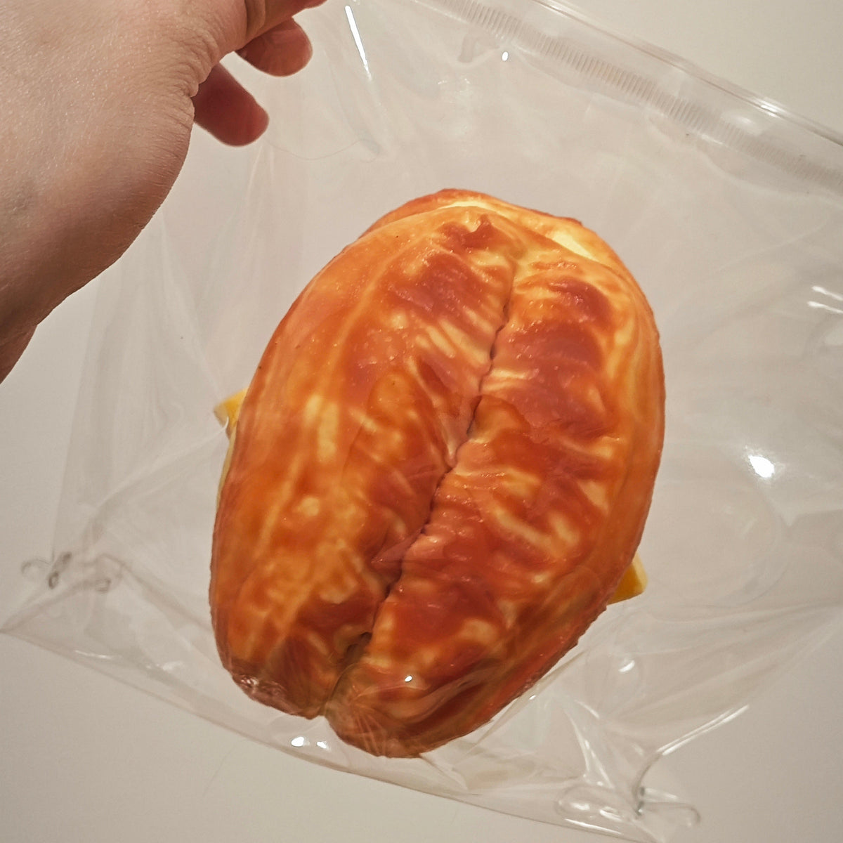 A hand holding a clear plastic bag containing a novelty food item shaped like a baked pastry or bread roll, photographed against a plain light background.