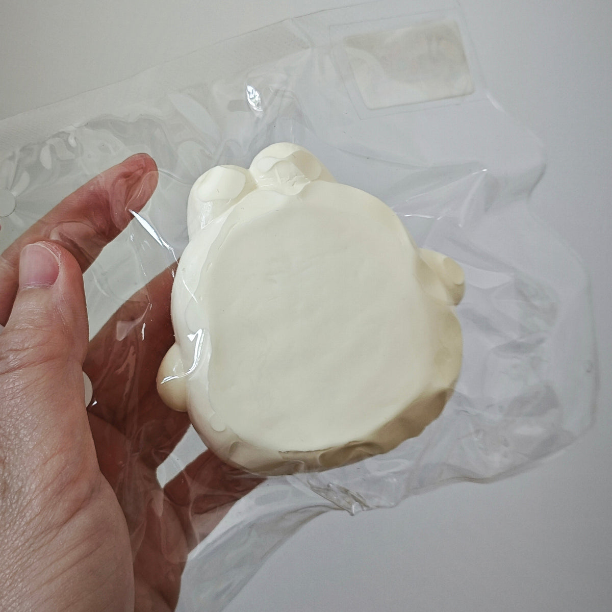 A hand holding a small, unglazed ceramic frog figurine inside a clear plastic bag against a plain light gray background.