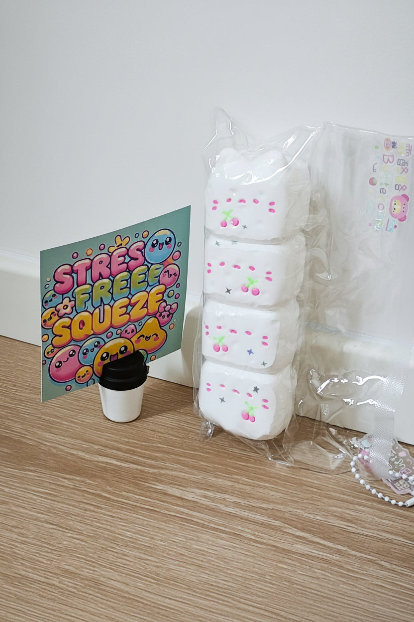 A white squishy toy made of stacked square foam pieces with pink and green cherry faces, shown in clear plastic packaging on a wood floor against a white wall. A colorful 'STRESS FREE SQUEEZE' card and a small cup are placed beside it.