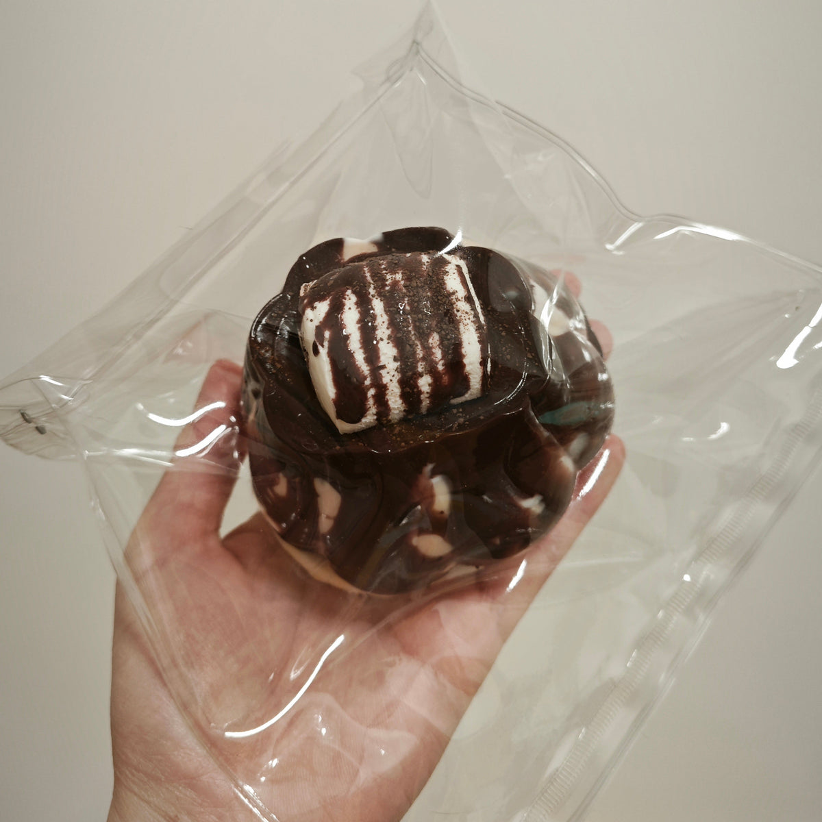 A hand holding a small chocolate-covered pastry or dessert inside a clear plastic bag against a plain light background.