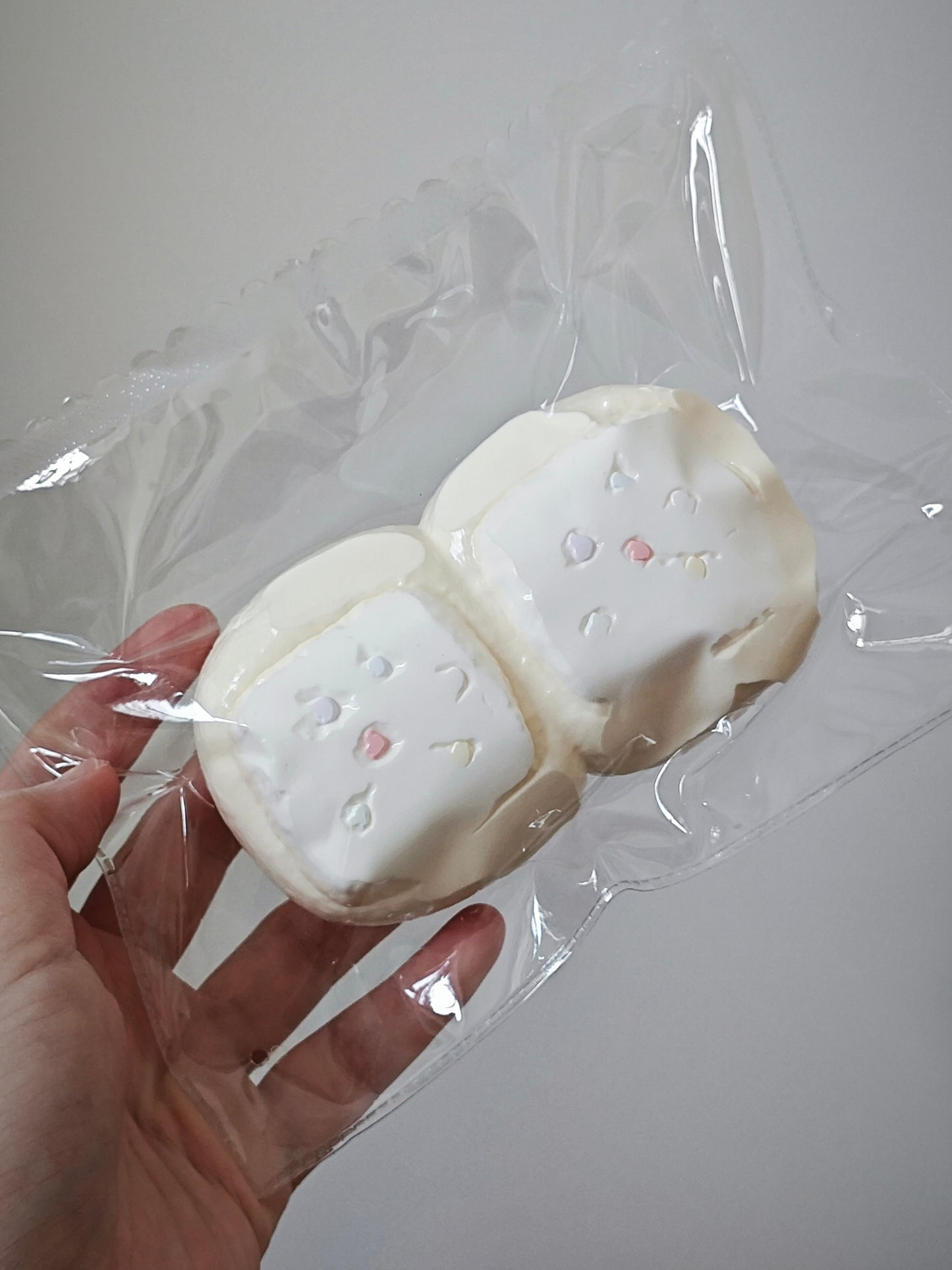 A hand holding a clear plastic bag containing two small, round, off-white baked goods with tiny pink and white decorative details, against a plain light gray background.