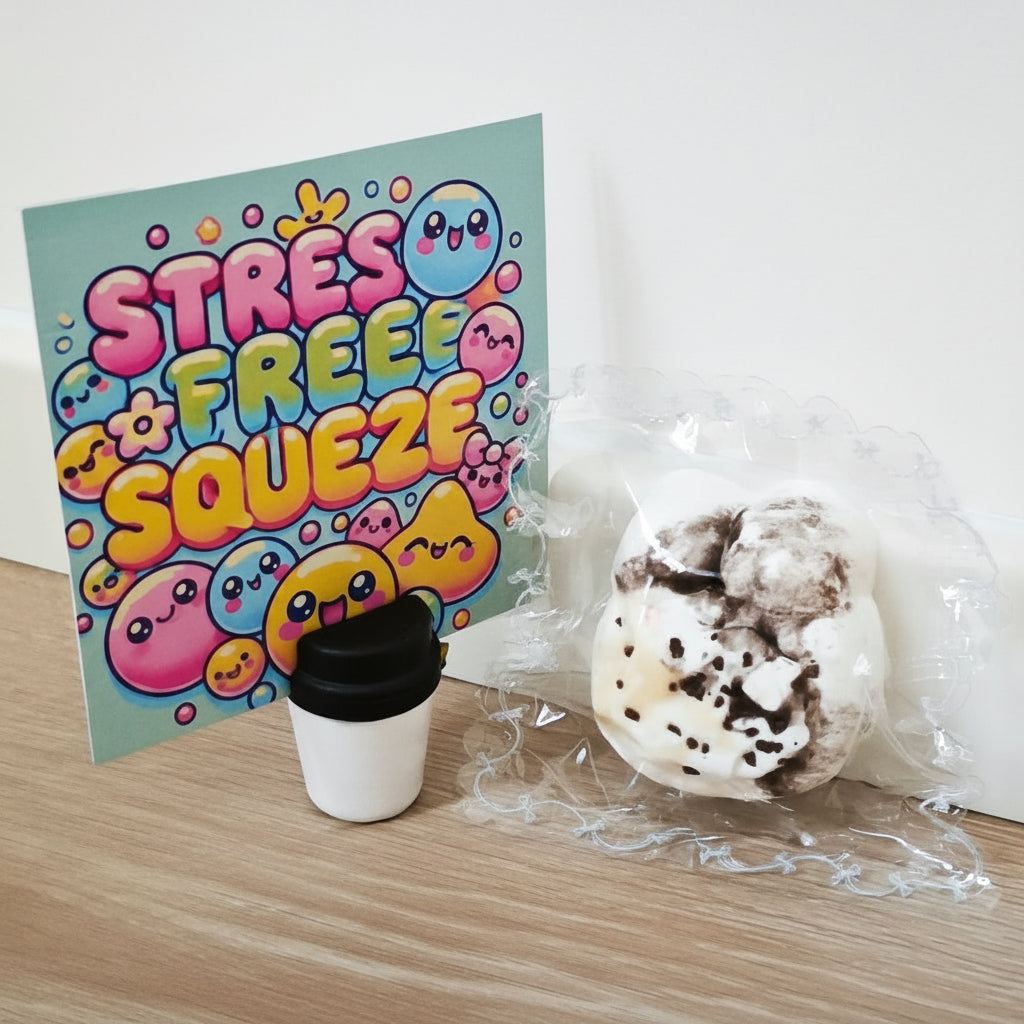 A squishy stress toy shaped like a cookie with chocolate chips, next to a small coffee cup and a colorful card that reads 'STRESS FREE SQUEEZE', set on a wooden floor against a white wall.