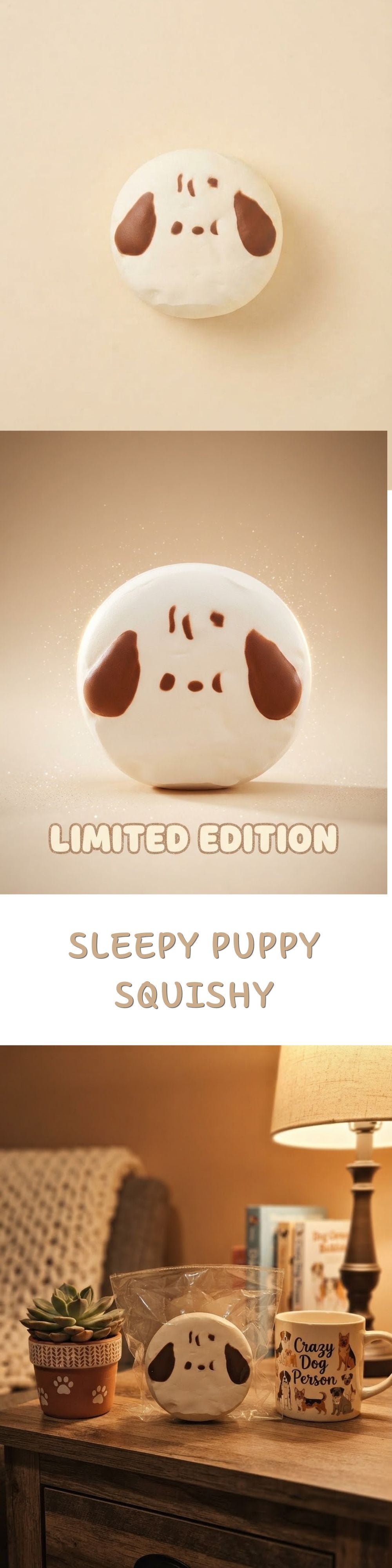 A three-panel collage showing a round white puppy-shaped squishy toy with brown ears and nose details. The top panel shows the toy alone against a warm beige background, the middle panel shows the same toy from the front with the text 'LIMITED EDITION' and 'SLEEPY PUPPY SQUISHY', and the bottom panel shows the toy displayed on a wooden shelf in a cozy room setting.