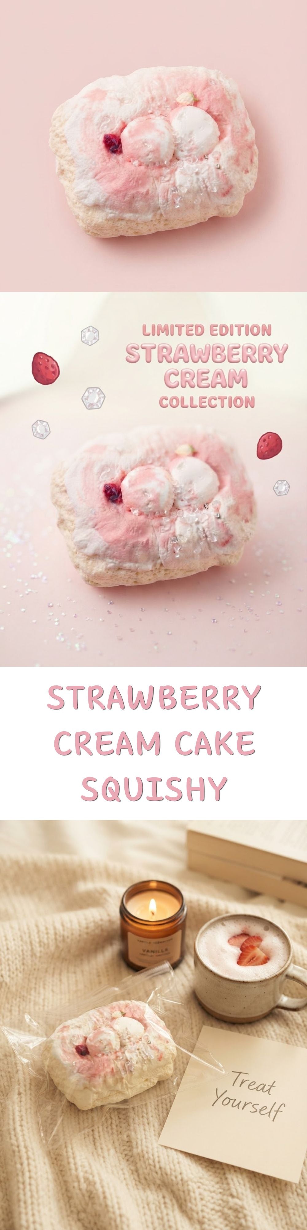 A collage-style product listing for strawberry cream cake squishies. The top panel shows a pink and white cake-like treat with a red strawberry on a pale pink background.