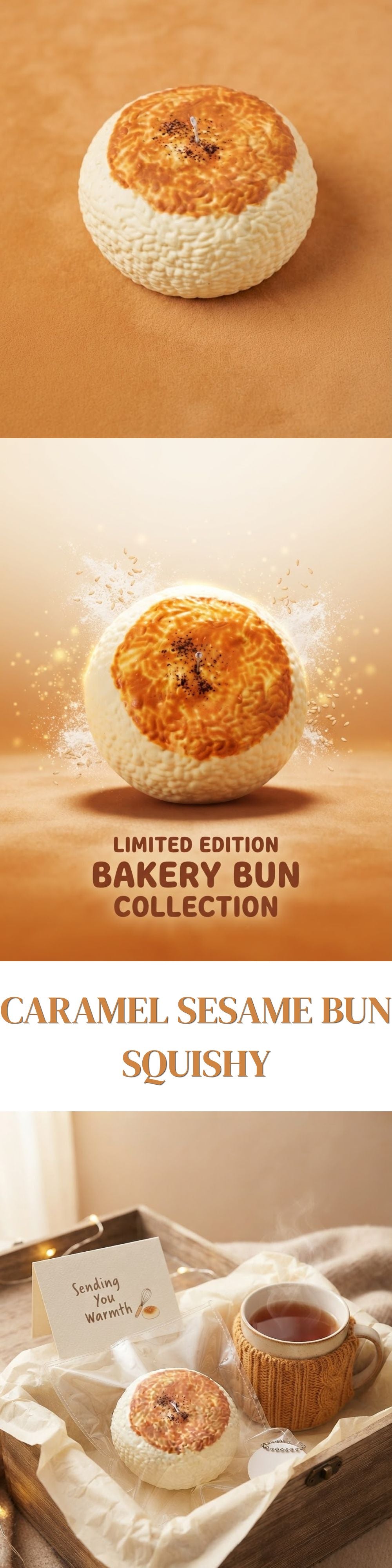 A vertically stacked promotional graphic showing a caramel sesame bun in three scenes: a clean top-down product shot on a warm beige background, a dynamic splash-style close-up with the text 'LIMITED EDITION BAKERY BUN COLLECTION,' and a cozy bottom scene with the bun on a tray beside a cup of coffee and a small card.