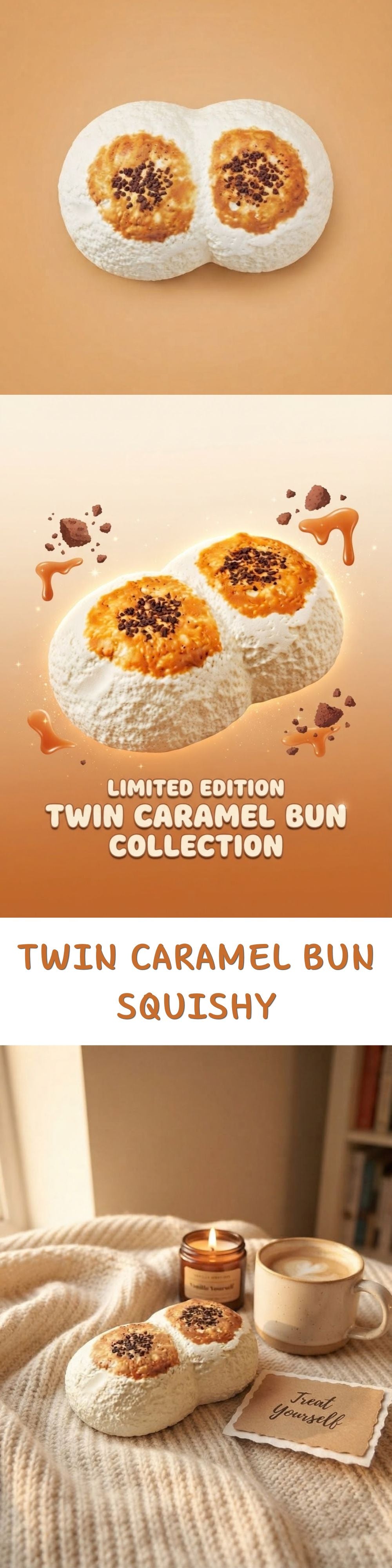 A promotional collage for a limited edition twin caramel bun collection. The top panel shows two white bun halves with caramel and cookie crumb toppings on a warm beige background.