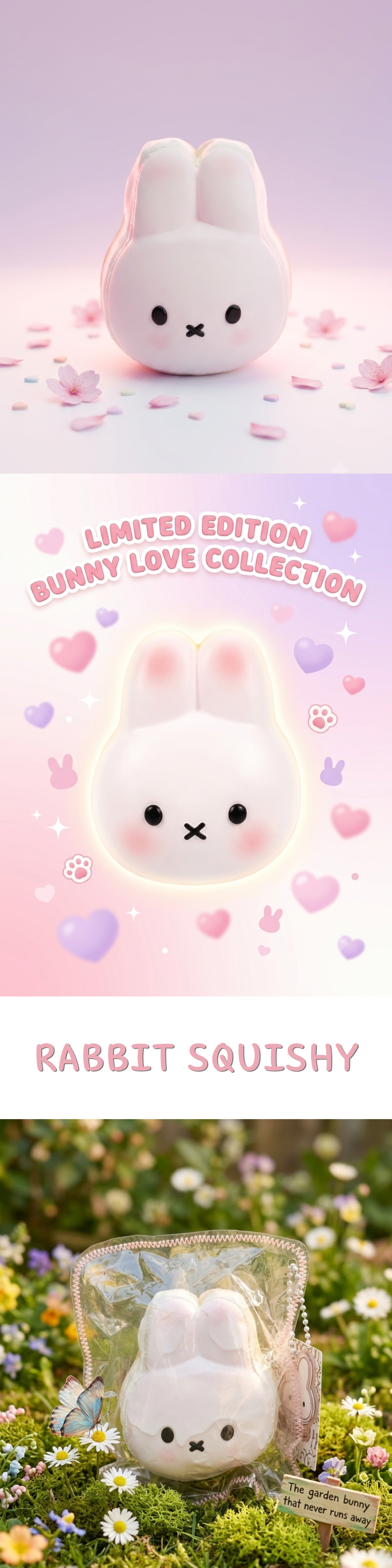 A cute white bunny squishy toy shown in three stacked panels: a clean studio shot on a pink-lilac background, a pastel promotional view with hearts and the text 'Limited Edition Bunny Love Collection,' and a lifestyle outdoor shot in a flower field inside a clear plastic bag.