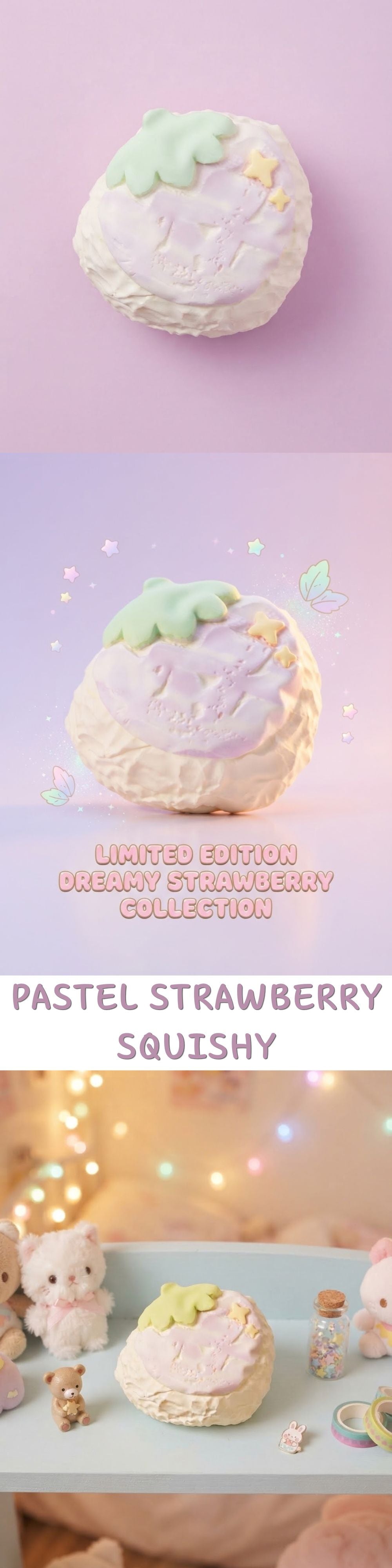 A pastel strawberry squishy toy shown in three stacked product photos on a pink, lavender, and blue background. The toy has a pale pink body with a mint green leaf on top and a yellow flower detail.