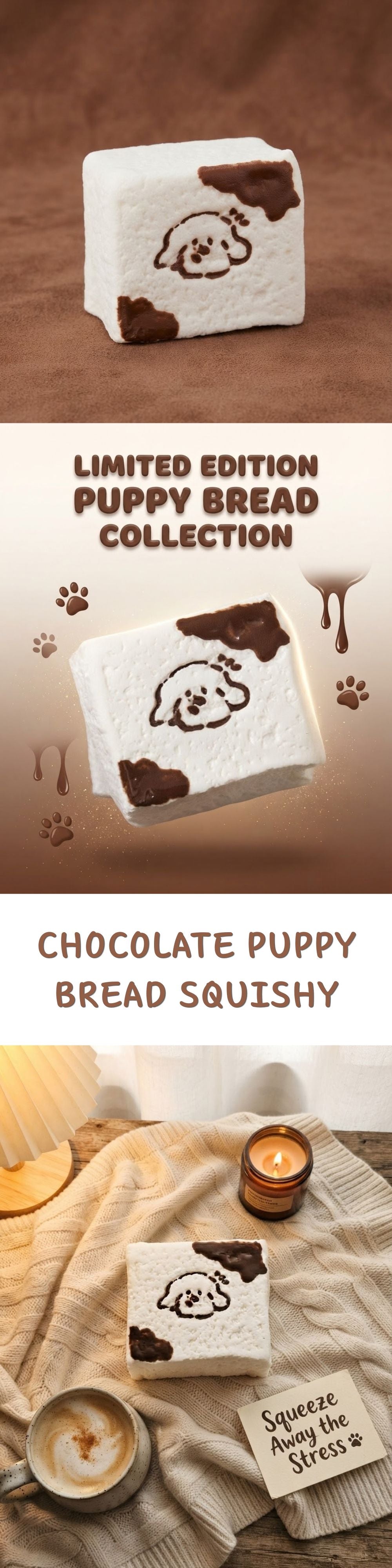A promotional collage for a chocolate puppy bread squishy. The top section shows the product alone on a brown background with text reading 'Limited Edition Puppy Bread Collection' and 'Chocolate Puppy Bread Squishy.