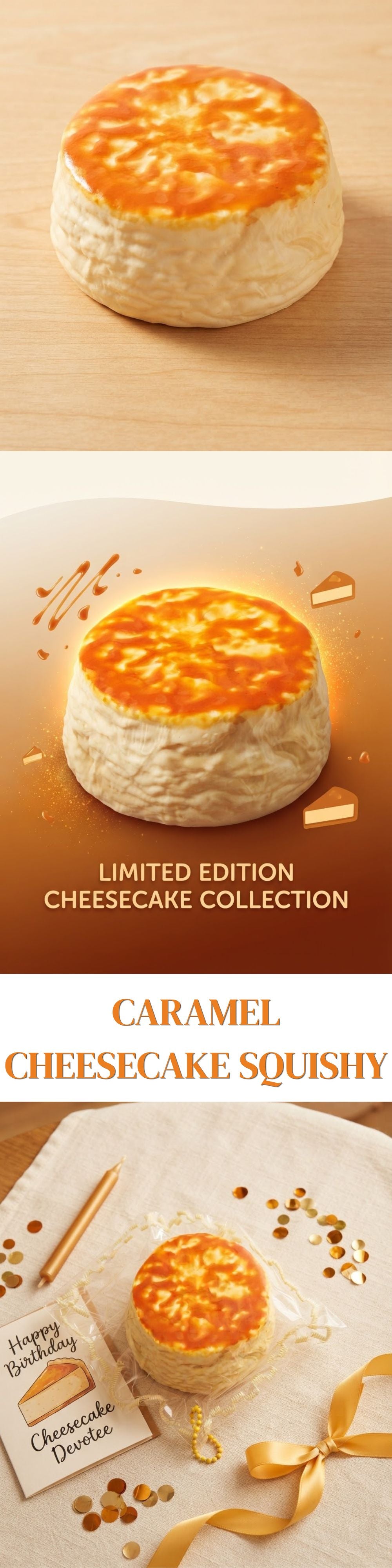 A vertical promotional image showing a small round cheesecake with a caramelized golden top, presented on a light wood surface and on a white cloth. Text reads 'CARAMEL CHEESECAKE SQUISHY' and 'LIMITED EDITION CHEESECAKE COLLECTION.
